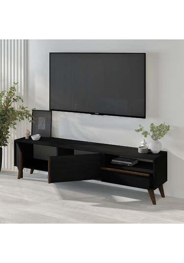 T0018 Çekmeceli, 2 Kapaklı Tv Sehpası Ahşap Siyah Ahşap Siyah