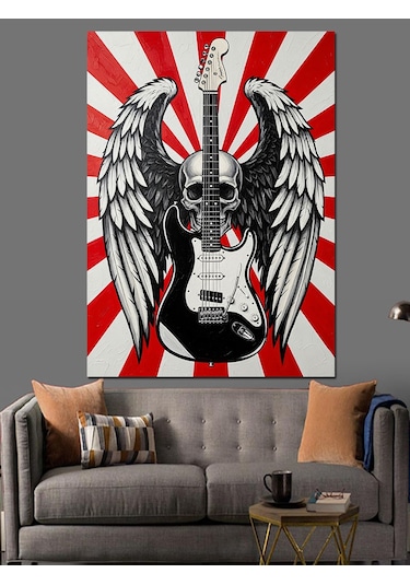 Kanatlı Kurukafa Ve Gitar Rock Konser Posteri Dekoratif Kanvas - Mdf Ahşap Tablo