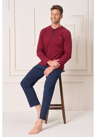Erkek Pamuk Uzun Kol Pijama Takımı 4104 Bordo Bordo