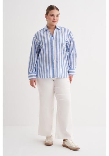 V Yaka Çizgili Gömlek-6241 Mavi