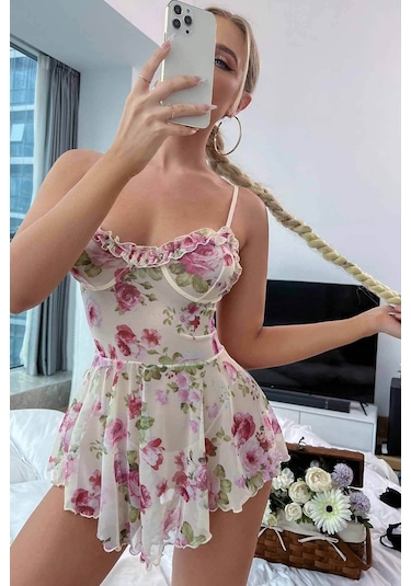 Merry See Çicek Desenli Özel Tasarım Gecelik Babydoll 001