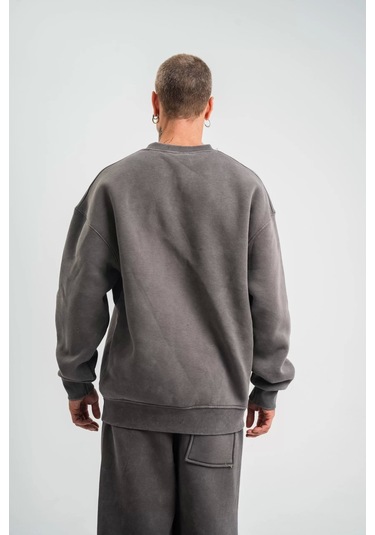 Unisex Uzun Kol Bisiklet Yaka Yıkamalı Sweatshirt - Füme Füme