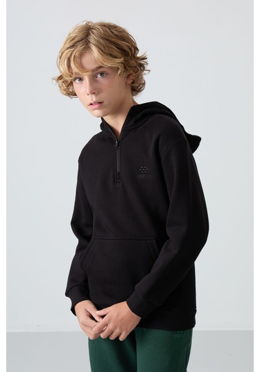 Tommy Life Siyah Pamuklu Kalın İçi Tüylü Yumuşak Dokulu Standart Fit Nakışlı Erkek Çocuk Sweatshirt - 11244 Siyah