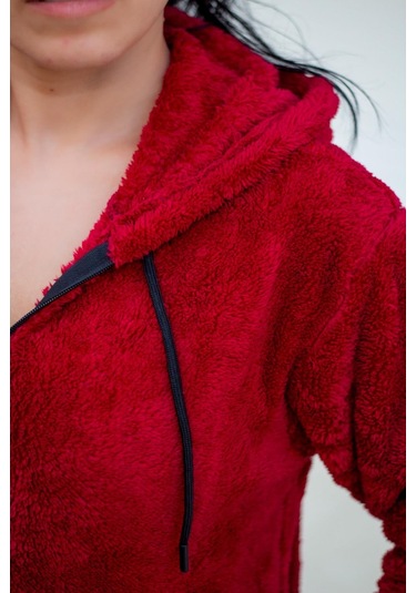 Kadın Kırmızı Peluş Kalın Fermuarlı Kapüşonlu Cepli Ceket 23kcktmy50 001