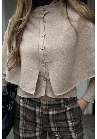 Bej Pelerin Detaylı Triko Hırka - 1317 Bej