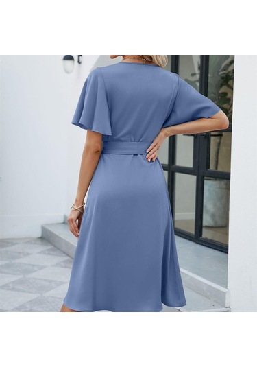 Hnxc Kadın Moda Yaz Bahar Düz Renk Baskı Kısa Kollu V Yaka Yüksek Bel Günlük Elbiseler Yeşil