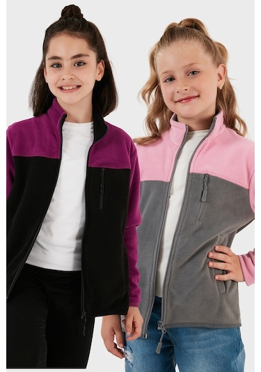Lela Yumuşak Dokulu Fermuarlı Renk Bloklu Dik Yaka Cepli 2'Li Paket Hırka Çocuk Polar 5905001S2 Mor Siyah-Şeker Pembe Gri