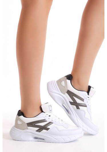Tonny Black Kadın Beyaz Siyah Faylon Taban Şeritli Bağcıklı Spor Ayakkabı Beyaz - Siyah