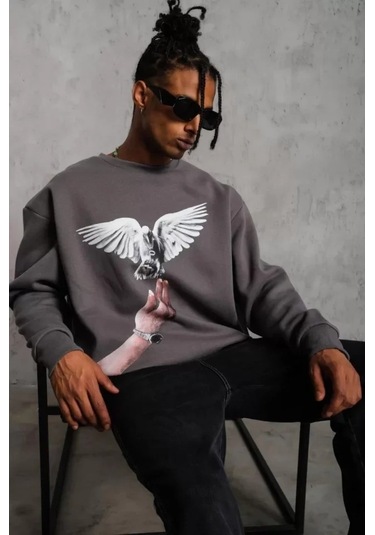 Vexor Erkek Güvercin Baskılı Sweatshirt - Gri