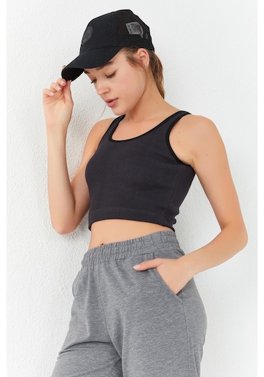 Tommy Life Füme Basic Sıfır Kol Dar Kalıp U Yaka Kadın Crop Top Atlet - 97160 Füme
