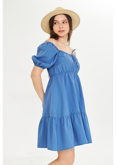 Kutaf Beli Lastikli Buzgulu Poplin Elbise Orta Mavi
