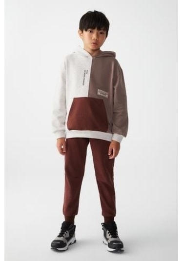 Erkek Çocuk Kapüşonlu Kanguru Cepli Renk Bloklu Sweatshirt-13017-vizon Vizon