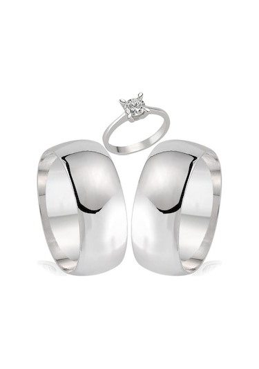 8 Mm Bombeli Gümüş Çift Alyans Söz Yüzükleri Tektaş Hediye Wr23