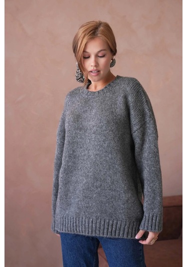 Kadın Bisiklet Yaka Yumuşak Dokulu Oversize Triko Kazak 3032 Antrasit