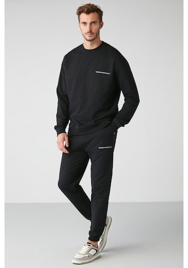 Marshall  Erkek Pamuklu Içi Polarlı Nakışlı Relaxed Siyah Eşofman Takımı