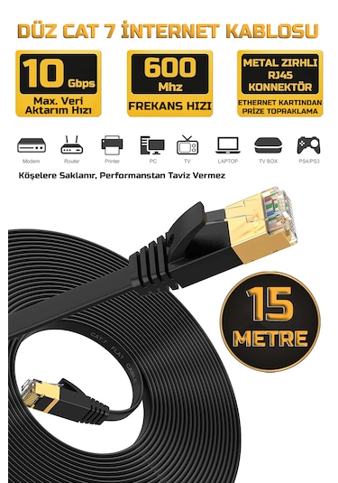 15 Metre Yassı Cat 7 Ethernet Kablosu 10 Gigabit/s 600 Mhz