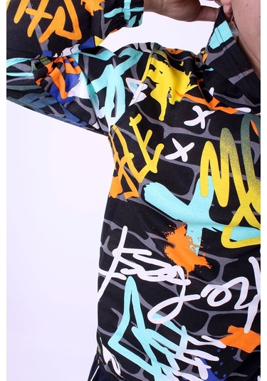 Grafiti Desenli Kapüşonlu Unisex 2 Iplik Turkuaz Sweatshirt Turkuaz