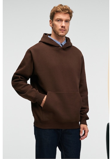 AMOS Erkek Yumuşak Kumaşlı 3 İplik Oversize Kapüşonlu Kanguru Cepli Acı Kahve Sweatshirt