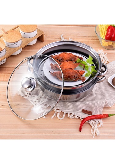 Hangfox 28cm Çift Katlı Paslanmaz Çelik Yemek Tenceresı - Buğulama & Kaynatma Fonksiyonu - Kaliteli Ev Aletı Gri