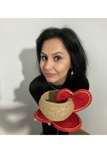 Sevgililer Günü Hediyesi, Kalpli Fincan Sepet, Dekoratif Sepet, Hediyelik Sepet, Dekor Sepet, Çok Amaçlı Sepet Kırmızı - Kahverengi