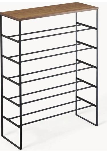 Kule Metal Doğal Ahşap Ayakkabı Rafı Siyah