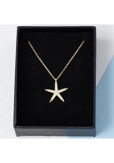Deniz Yıldızı Model Zirkon Taşlı 925 Ayar Gümüş Gold Rengi Kadın Kolye Gold