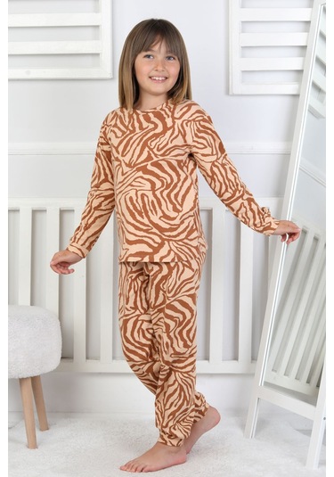 Kaplan Desenli Kız Çocuk Pijama Takımı Kahverengi