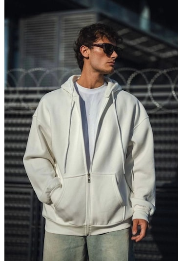 Efnaz Style Oversize Tam Fermuarlı Uzun Kol Hırka - Beyaz
