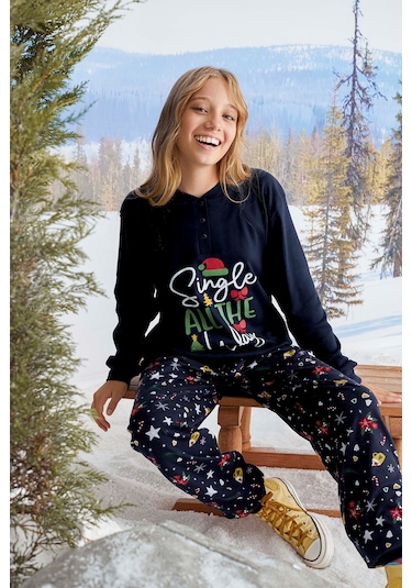 Aydoğan Kız Garson Koza İnterlok Lacivert Pijama Takımı 2478 Lacivert
