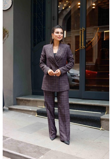 6 Düğmeli Kruvaze Ekose Takım Bordo Bordo