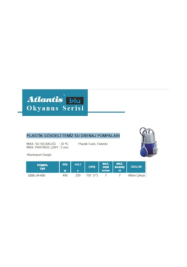 Atlantis Blu Qsb Jh-750w Plastik Gövdeli Temiz Su Drenaj Pompa