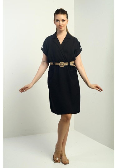 Kadın Torba Cepli Beli Kemerli Elbise-40433 Siyah