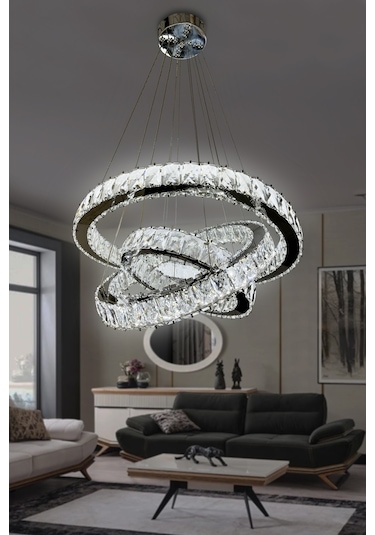 Bestof 3 Katlı Daire Taşlı Ledli Modern Avize - Kumandasız / Krom Krom