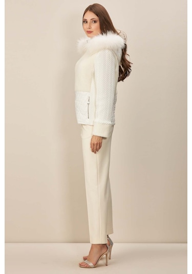 Kapüşonlu Ekru Dokuma Mont Ekru