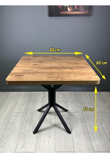 Roma Ceviz Mutfak Yemek Masası Balkon Masası Kavisli Köşe Metal Siyah Ayak 80 Cm