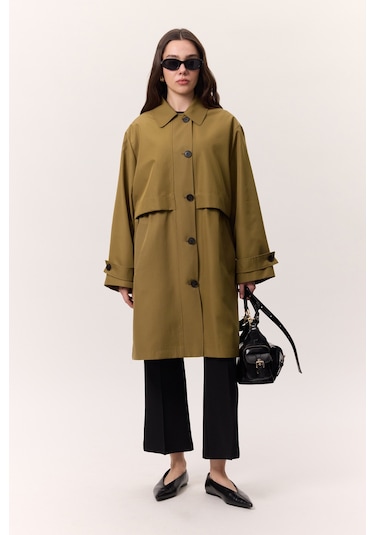 Bel Ayarlamalı Hafif Trençkot Zeytin Yeşili Zeytin Yeşili
