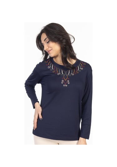 Yeni Model 2024 Nakış İşlemeli Yuvarlak Yaka Likralı Anne Penye Bluz 6450-lacivert
