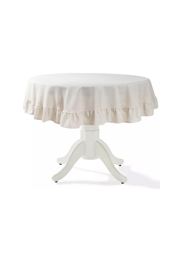 Naturel Fırfırlı Masa Örtüsü Vintage Yuvarlak Krem