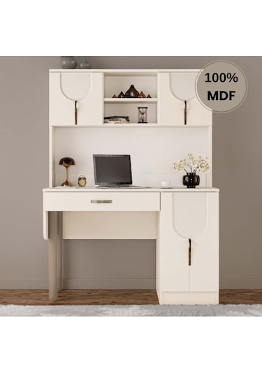 Açelya Mdf Kitaplıklı Dolaplı Çalışma Masası Krem