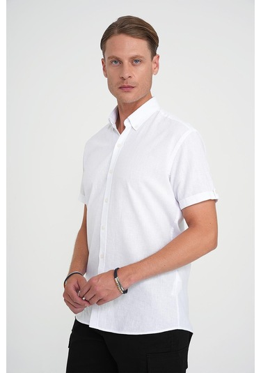 Comfort Fit Düğme Yaka Kısa Kol %100 Keten Düz Beyaz Gömlek G 1596 Beyaz