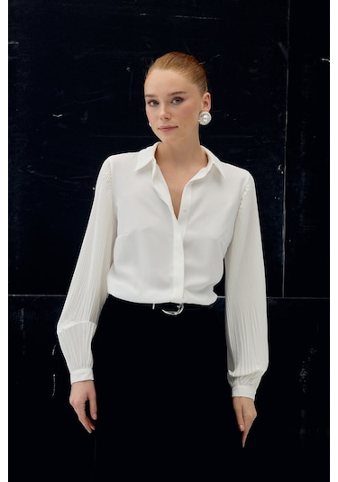 Sateen Plise Kollu Gömlek - Ekru-137087 ekru