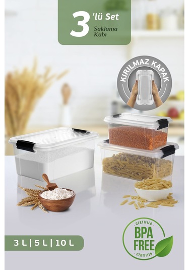 3'lü Kilit Kapak 3-5-10 Lt Erzak Saklama Kabı Çok Amaçlı Düzenleyici Kutu Deterjan Un Bakliyat Kabı Şeffaf
