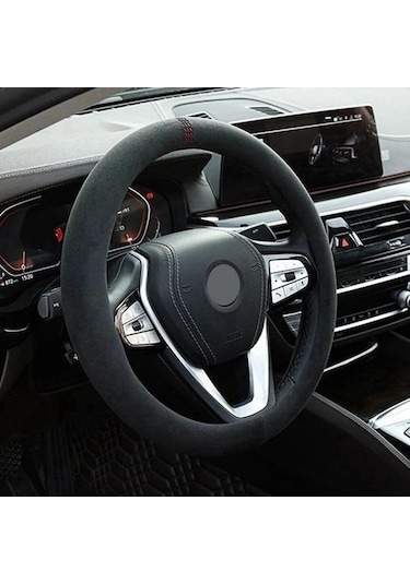 Novahub Kırmızı İnek Derisi Direksiyon Kapakları, 37-38cm, Süet Kılıf, Nefes Alabilir, D Shape, Araba Aksesuarları Kırmızı