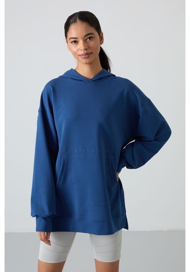 Tommy Life Parlament Balon Kol Yazı Nakışlı Kadın Oversize Tunik Sweatshirt - 97163 Parlament Mavisi
