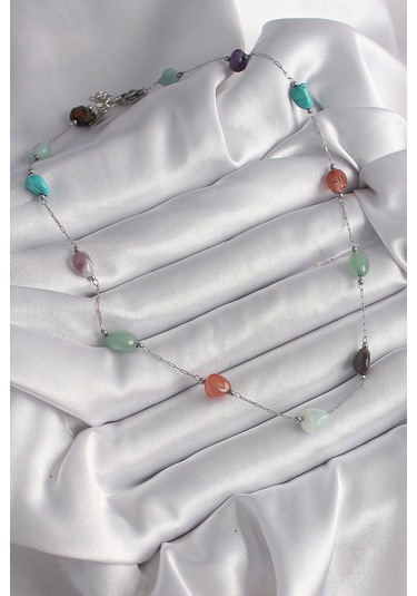 316l Çelik Gümüş Renk Zincir Renkli Doğaltaş Model Kadın Kolye Çok Renkli