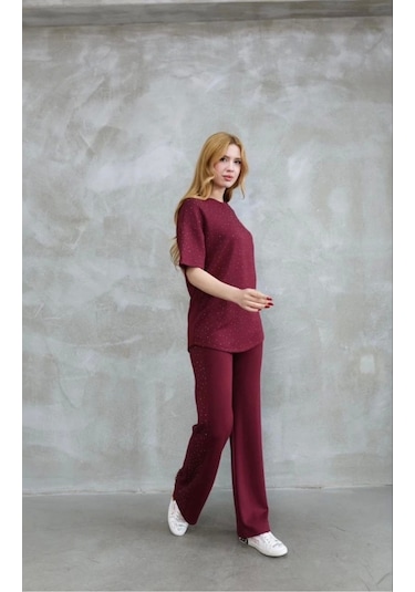 Osy Modal Yumuşak Dokulu Kumaş Bisiklet Yaka Taş Detaylı Kısa Kollu Takım - Bordo Bordo