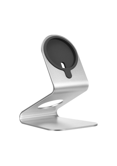 İphone Uyumlu 12 Serisi İçin Magneetik Kablosuz Şarj Tutucu - Dikey Masaüstü Alüminyum + Silikon Tutucu Gümüş