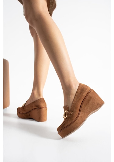 Zenne Shoes Dolgu Topuklu Tokalı Kadın Ayakkabı Taba