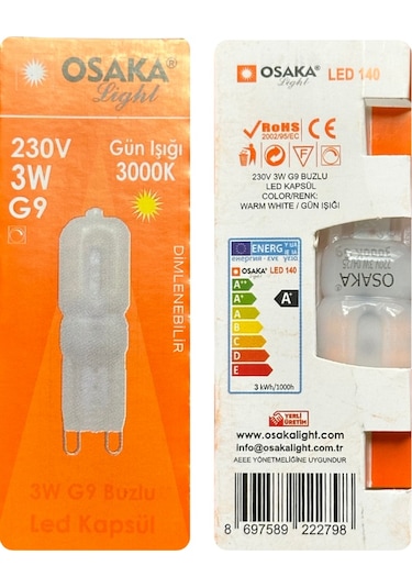 2 Adet Osaka 3w Sarı Işık 3000k Buzlu Dim Edilebilir G9 Duylu Led Kapsül Ampul