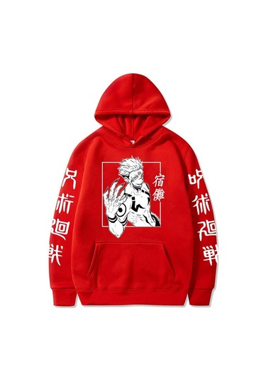Japon Anime Komik Sukuna Baskılı Grafik Kapşonlular Kış Polar Spor Gömlek Japon Tarzı Jujutsu Kaisen Sweatshirtler Harajuku Sokak Giyimi Kadınlar İçin Kırmızı